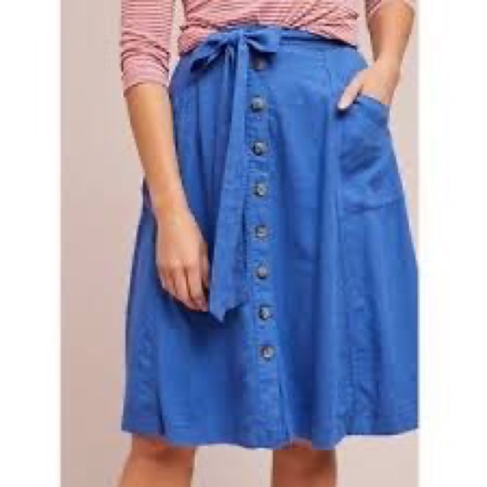 Anthropologie Maeve linen blue Riviera midi skirt with tie waste and buttons